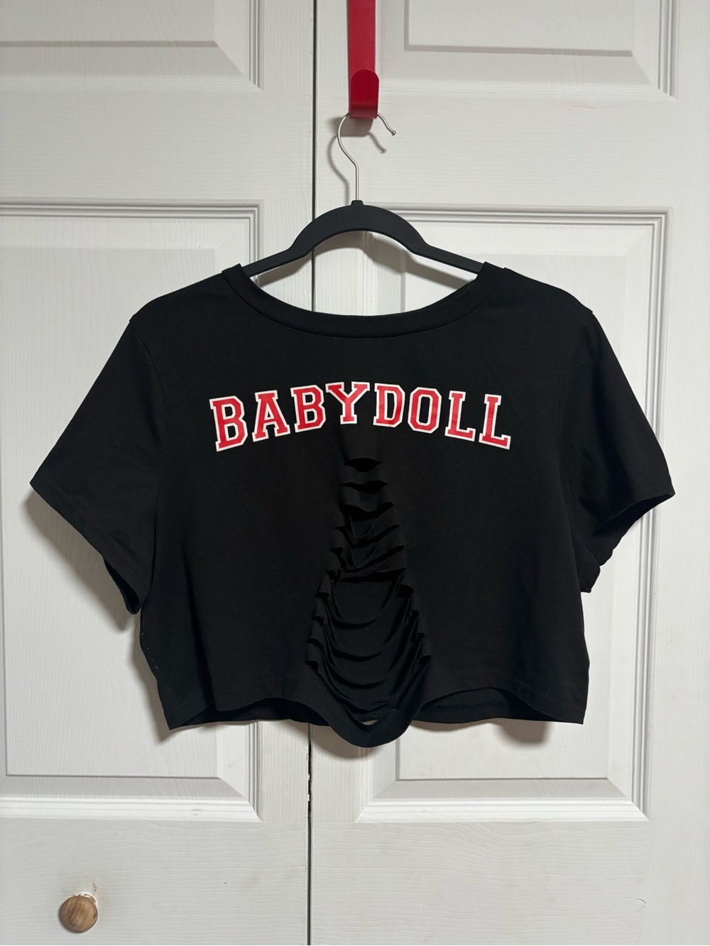 SHEIN Black Crop Top with Red "BABYDOLL" Graphic